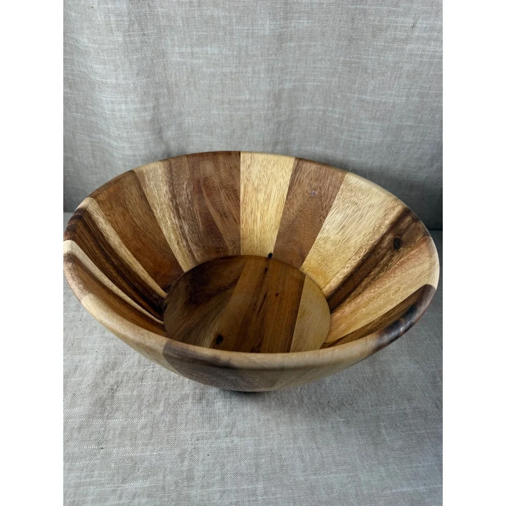 Wooden Serving Bowl Good Vintage Striped Inlay Round Large Fruit Salad Decor